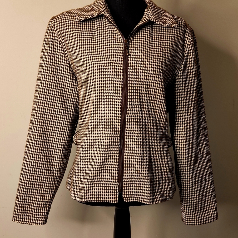 Old English vintage Brown hunter plaid  Linen Wool Zip Equestrian Buckle jacket